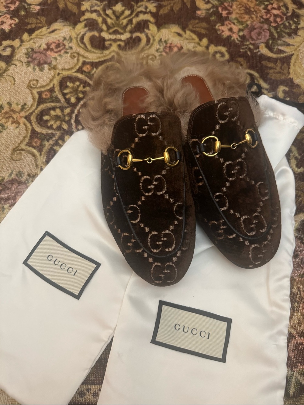 Gucci Brown Velvet Princetown GG Fur-Lined Horsebit Loafers